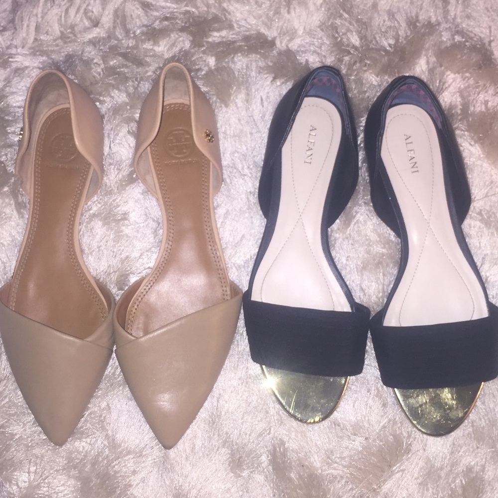 2 pairs of flat shoes, Tory Burch and Alfani.